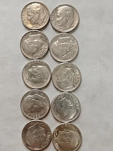 Lot of 10 - U.S. 90% Silver Roosevelt Dimes 1962- 1964 P D XF $1 Face #46
