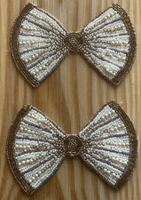 2 Matching Antique Victorian White Gold Pearl Beaded Bow Trim Embellishmetns