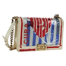 CHANEL Boy Chanel 28 Cuba Chain Sequin Bag Leather Gold CC Auth 173370SAM