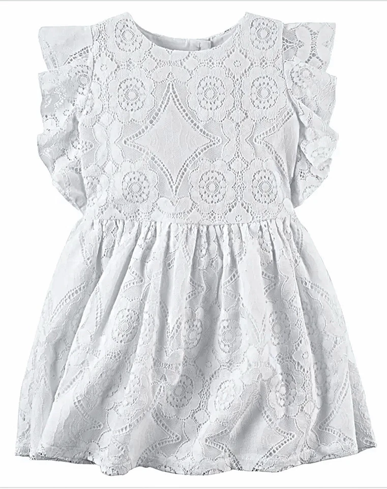 Carters Kids Girl White Ruffle Sleeves Embroidered Lace Knee Length Dress Size 6 - Image 2 of 4