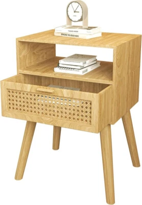 Nightstand with Rattan Door Wooden Bedside Table End Table 1 Drawer Storage