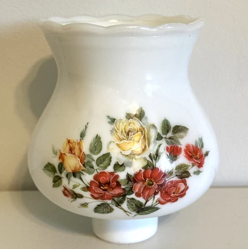 Vintage Hurricane Lamp Shade Milk Glass Red Yellow Roses Scalloped Replacement