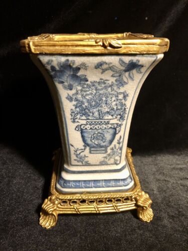 ancien vase chinois piédestal en laiton base & jante décoration cobalt - Photo 1/9