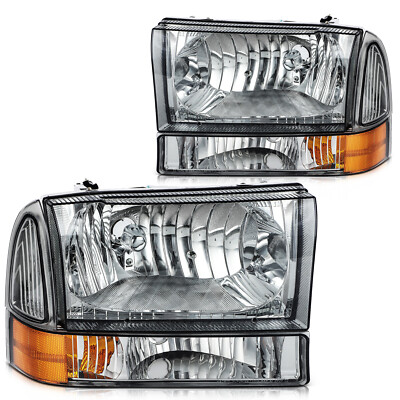 Headlights Assembly For 2000-2004 Ford Excursion Black Housing Left+Right