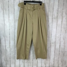 English Factory High Waisted Belted Pants Sz L Wide Ankle Leg Khaki Tan Pleated