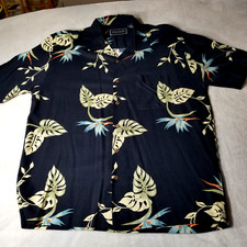 Ocean Pacific Button Up Black Hawaiian Style Shirt Bird of Paradise Vtg Size L