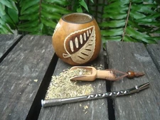 Mate Gourd Cup Hand Carved , Straw,  Mate,  Cleaning Brush, BONUS Spoon Yerba M