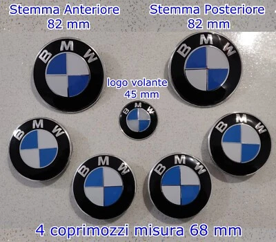 KIT FREGIO STEMMI BMW LOGO ORIGINALE ANTERIORE+POSTERIORE+VOLANTE+4 TAPPI RUOTA