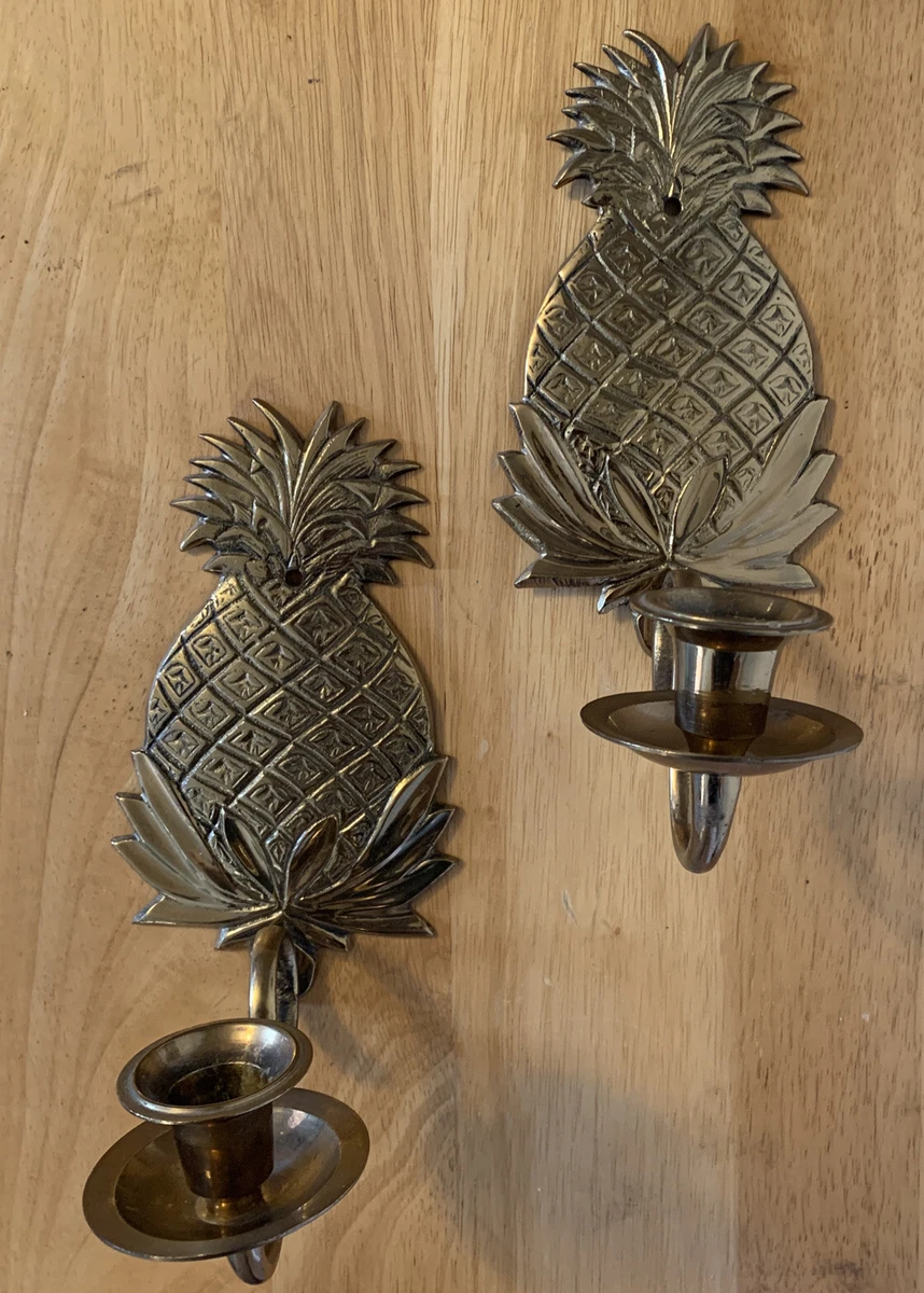 Vintage Brass Metal Pineapple Wall Sconce Candle Holder Set Hollywood Regency
