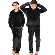 Kids Girls Boys Black Warm Fleece Hooded Pyjamas For Sleepover 2 Piece Gift Set