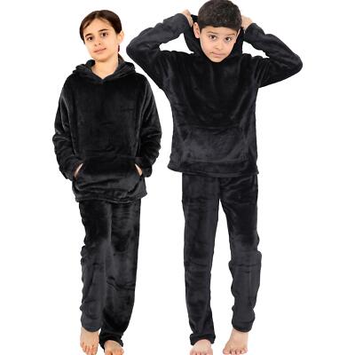 Kinder Mädchen Jungen schwarz warm Fleece Kapuze Schlafanzug für Sleepover 2 Stück Geschenkset