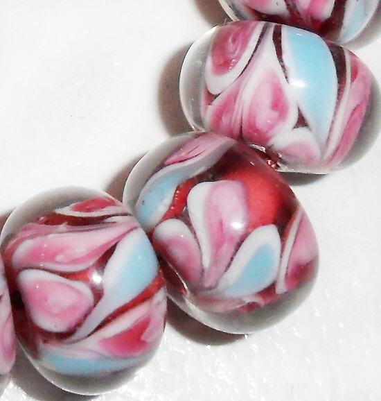 Lampwork Glass Beads Rondel Blue Red Flowers 15 x 9 mm 4 Beads (#a1bn)