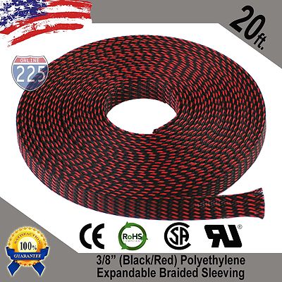 20 FT 3/8'' Black & Red Expandable Wire Sleeving Sheathing Braided Loom Tubing US