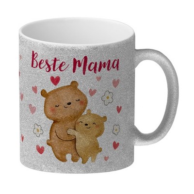Bären Mutter und Kind Glitzer-Kaffeebecher mit Spruch Beste Mama