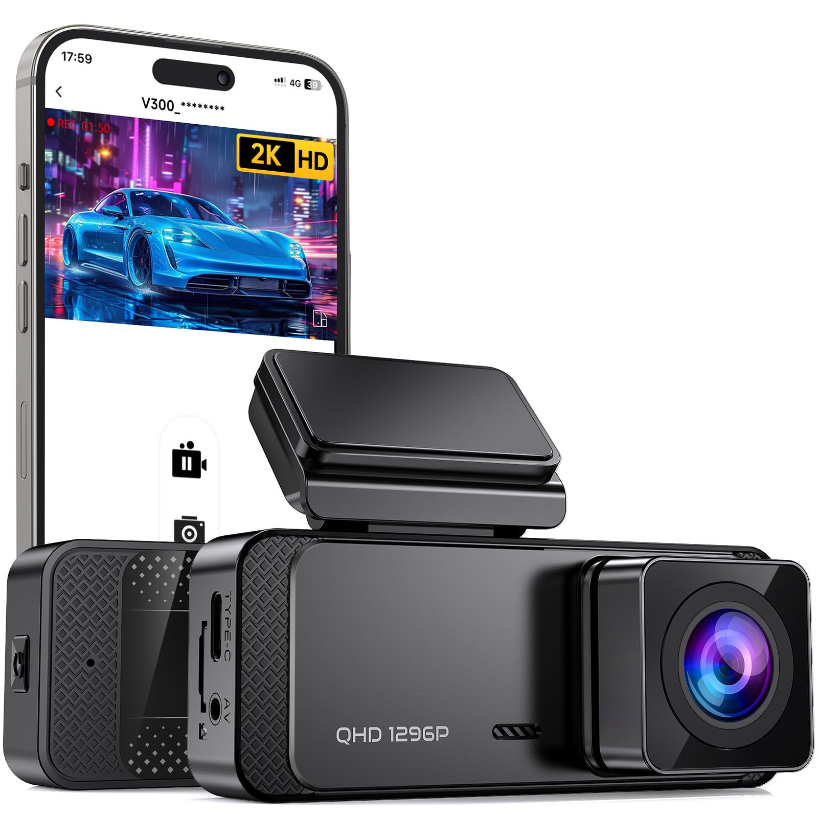 Dash Cam 1296P V300 WiFi Car Camera with Night Vision and App Connectivity-image