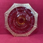 Gilt Edged 8 Sided Pink Depression Glass Etched Footed Cake Stand 10.5 in x 1 in