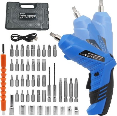 Blue Cordless Electric Screwdriver Set, 3.7V Rechargeable Small