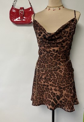 New Y2K SNDYS Slip Dress Leopard Print Cowl Neck Sheer Mini Sz 8 90s Aesthetic