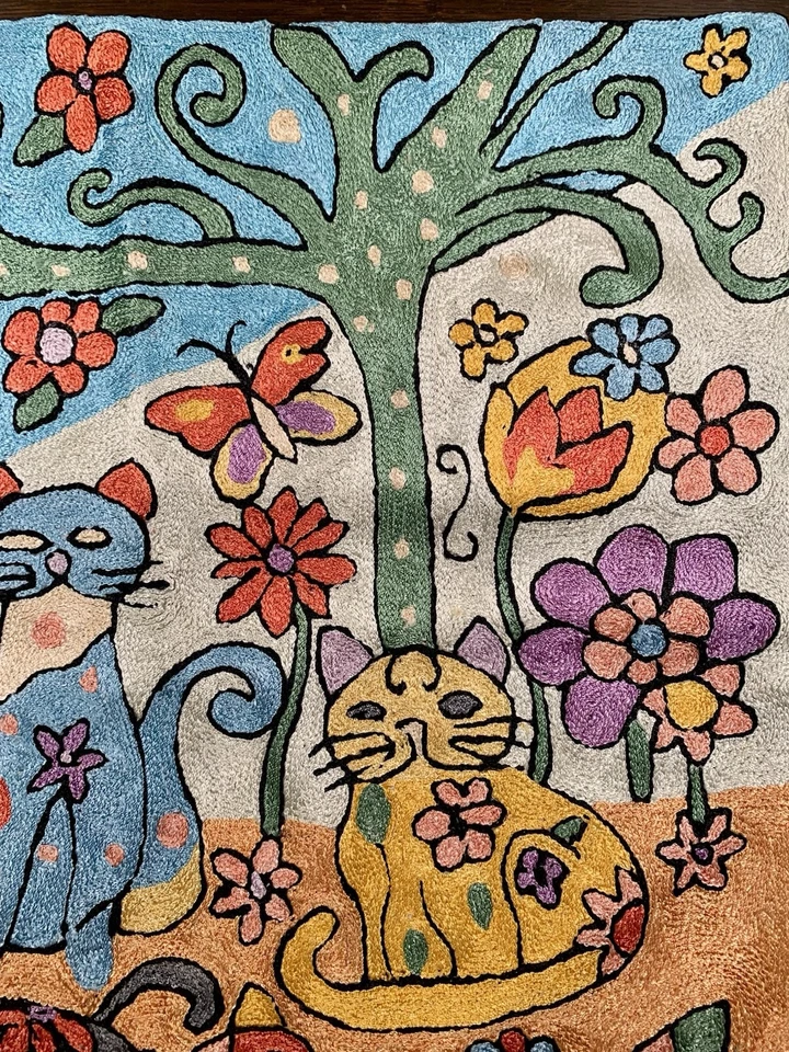 Laurel Burch Inspired Embroidered Abstract Cats Garden Throw Pillow Cover 18x18” - Image 3 of 4