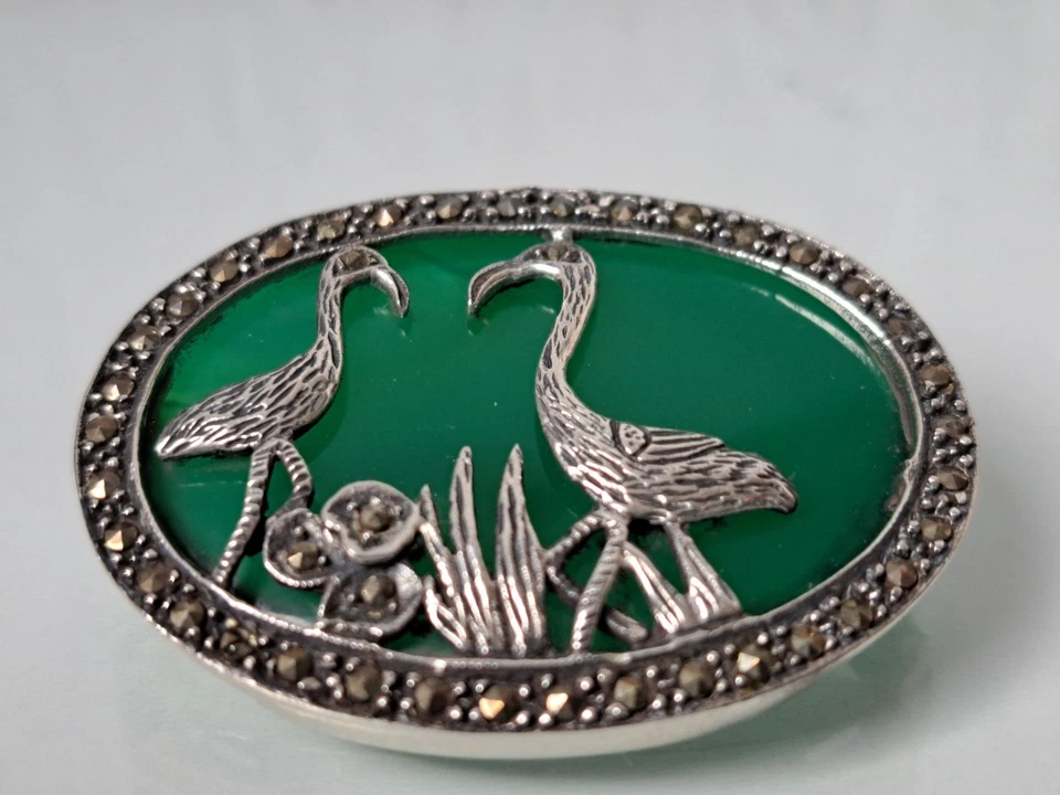 Elegante Spilla, 925 Argento Con Giada Verde E Marcasite, Fenicotteri - Immagine 2 di 4