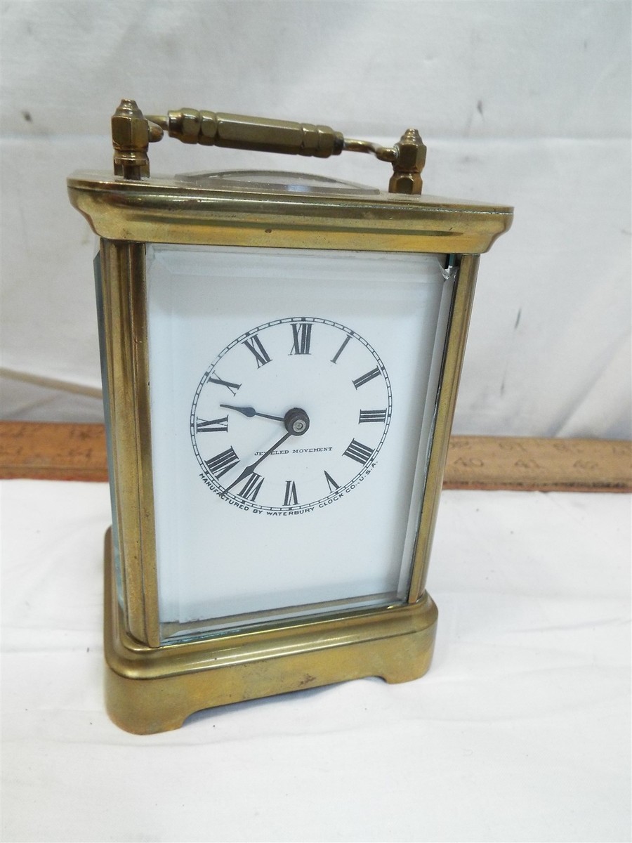 Nice Sm Chiming Waterbury Clock Co Brass Carriage Beveled Glass