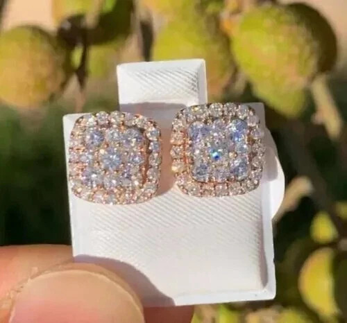 Solid 925 Sterling Silver & Real Moissanite  Square Cluster Stud Earrings