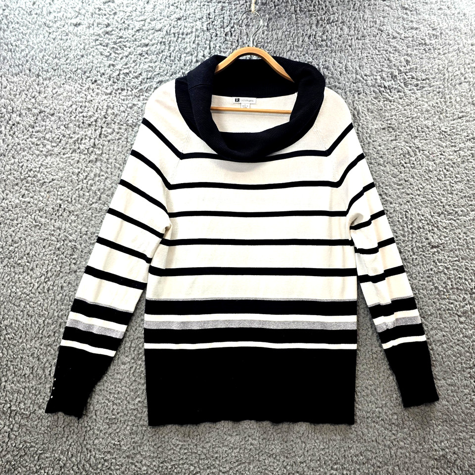 Rockmans Womens Jumper Size L Black White Stripe Knit Long Sleeve Roll Neck