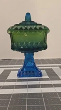 Vintage Jeannette Glass Wedding Blue Green Pedestal Covered Candy Dish With Lid