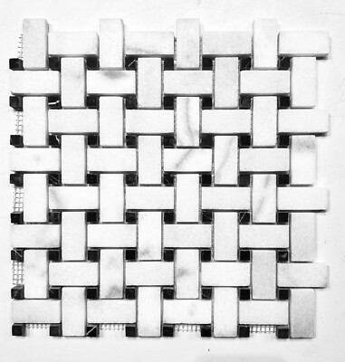 Carrara 1x2 Honed w/ Black Marble Dots Basketweave Floor Mosaic Tile Bathroom