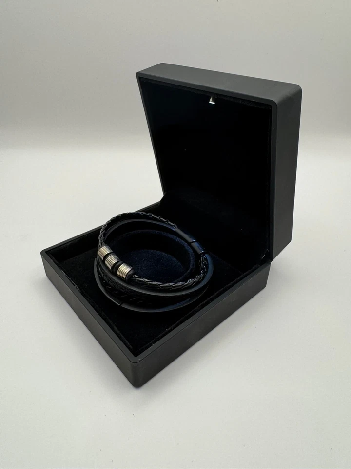 Lederarmband Schwarz 21cm mehrreihig geflochten – Magnetverschluss Edelstahl - Bild 2 von 4