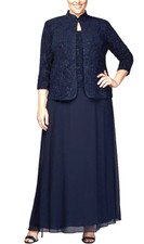 NEW Alex Evenings MOB Navy Blue Set Long Dress Mandarin Jacket Plus Size 22W