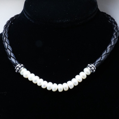 Sterling Silver 925 White Cultured Pearl Faux Leat