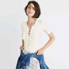 NEW Ribbed Lace Up Short Sleeve Thong Bodysuit In Cream G5540 Women's Size XXS