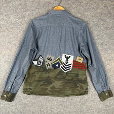 Fourstar Military Jean Denim Camo Button Shirt Mens Medium Embroidered Navy Blue