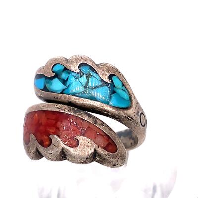 Vintage Hallmarked Sterling Inlay Multi-Stone Designer Bypass Ring Band 5 1/2