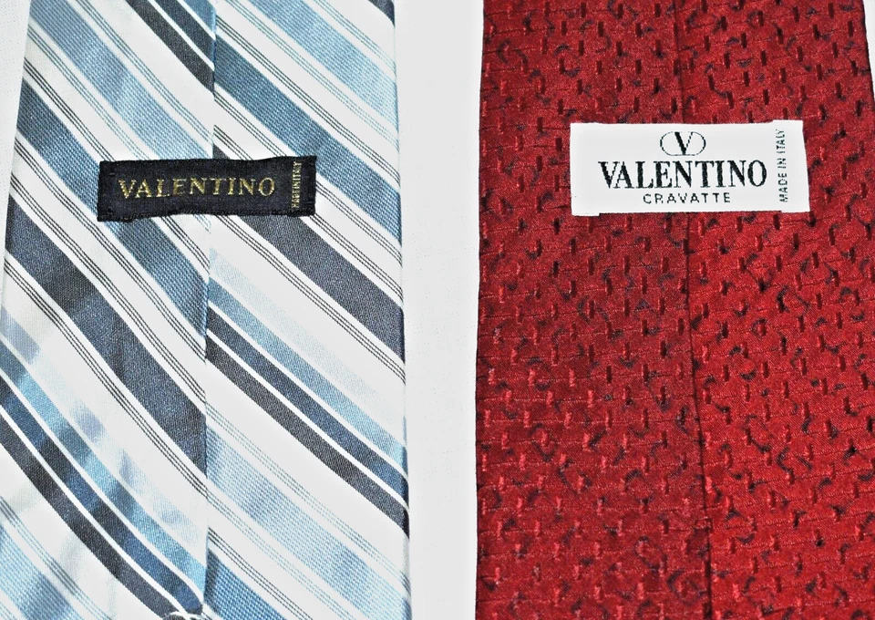 Lote de 2 Corbatas Valentino Para Hombre Cuello Seda Italia Azul Rayas y Rojo Sólido Foto 3 de 3