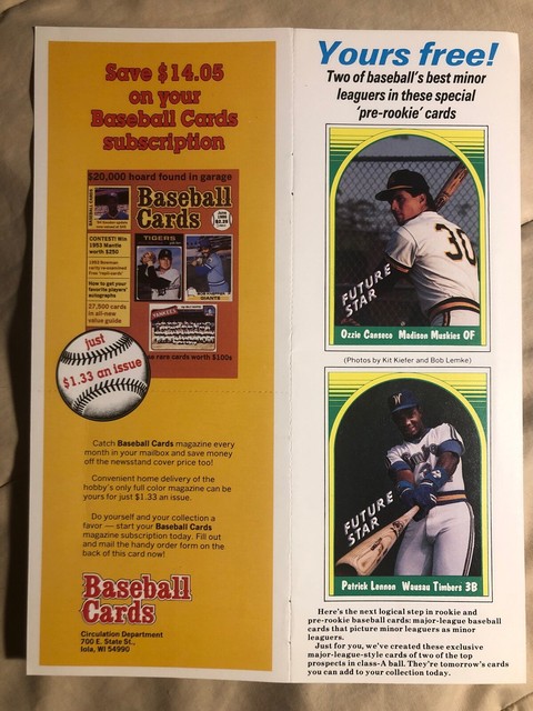 1987 Baseball Cards Magazine Ozzie Canseco Patrick Lennon Uncut Sheet 