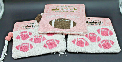 Lot of 3 Beaded Football Pouches Pink Handmade India Wandering Moon Travel Bags