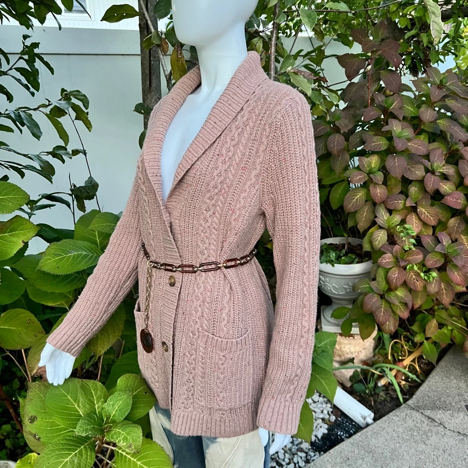 Cardigan Sweater Women Cable Knit Shawl Collar Beige Fisherman Wool Peppy Sz M - Image 2 of 4
