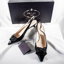 PRADA Spazzolato Clas COA New Black Solid Women Slingback Bow Shoes Size 6.5 M