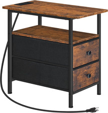 End Table with Charging Station, Narrow Side Table, Nightstand with 2 Non-Woven
