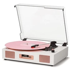 Vinyl Record Player Vintage Wireless Bluetooth Record Player White & Rose Gold