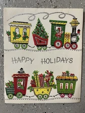 VTG Retro Train, Paper Card, Foiled, Happy holidays Red, Yellow, Green