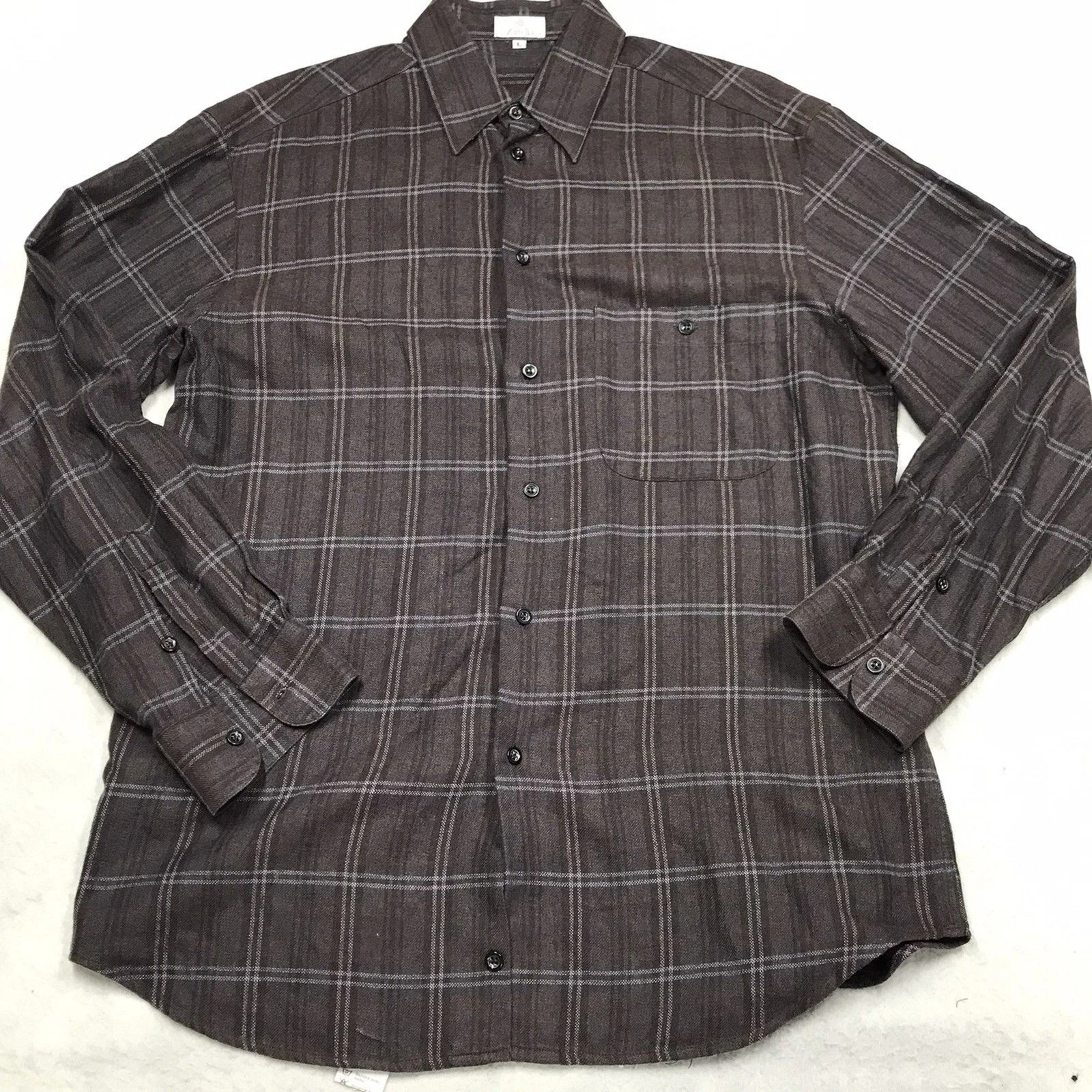 ZANELLA Flannel Shirt Men L Brown Window Pane Plaid Italy Pocket Preppy Outdoor