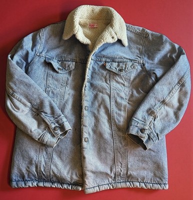1970 s LEVI S  Orange Tag  Denim Sherpa Lined Button Snap Jacket Sz 44 USA