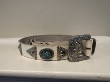 Vintage White Leather Western Belt Silver Studs Turquoise Details.