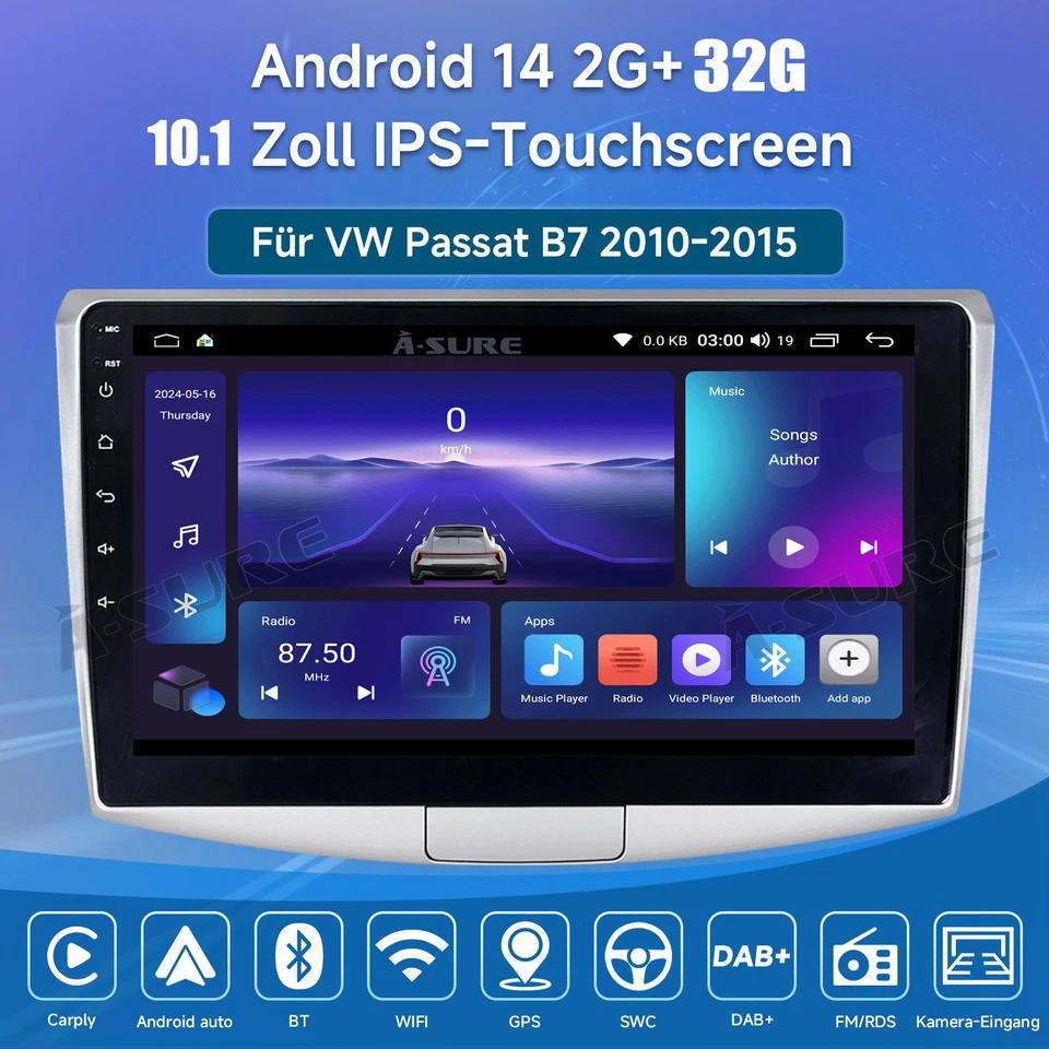 2+32GB Android 14 Autoradio Carplay GPS Navi +Kam für VW Passat B6 B7 Magotan CC - Bild 3 von 4