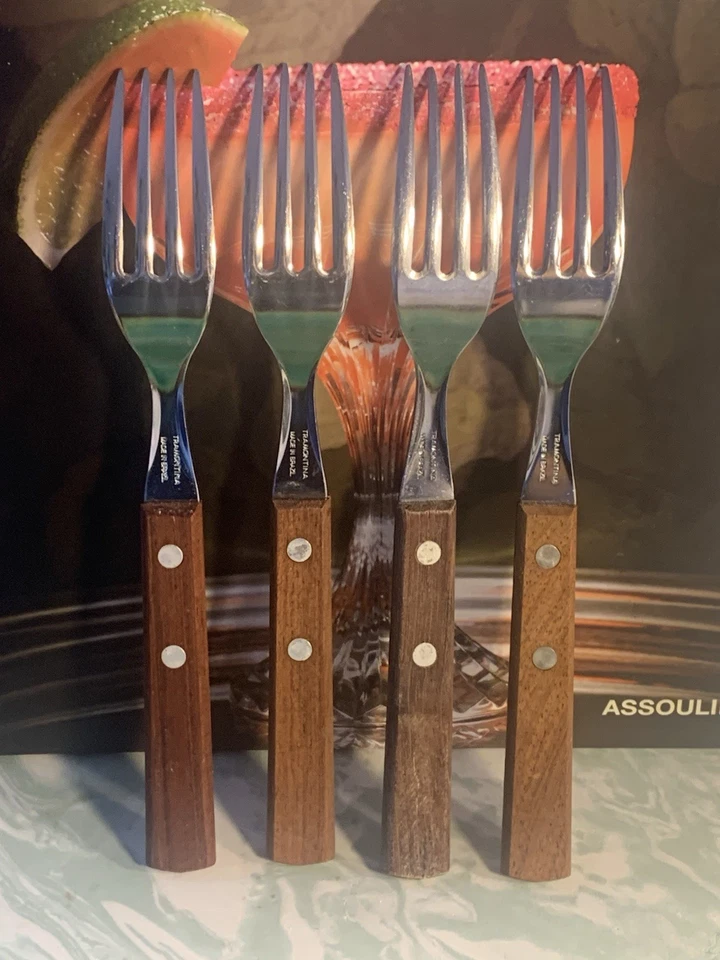 TRAMONTINA 4 DINNER FORK'S WOOD HANDLE STAINLESS STEEL FLATWARE MADE IN BRAZIL - Image 4 of 4