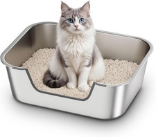 Stainless Steel Cat Litter Box with Low Entry, Metal Kitty Litter Box for Senior