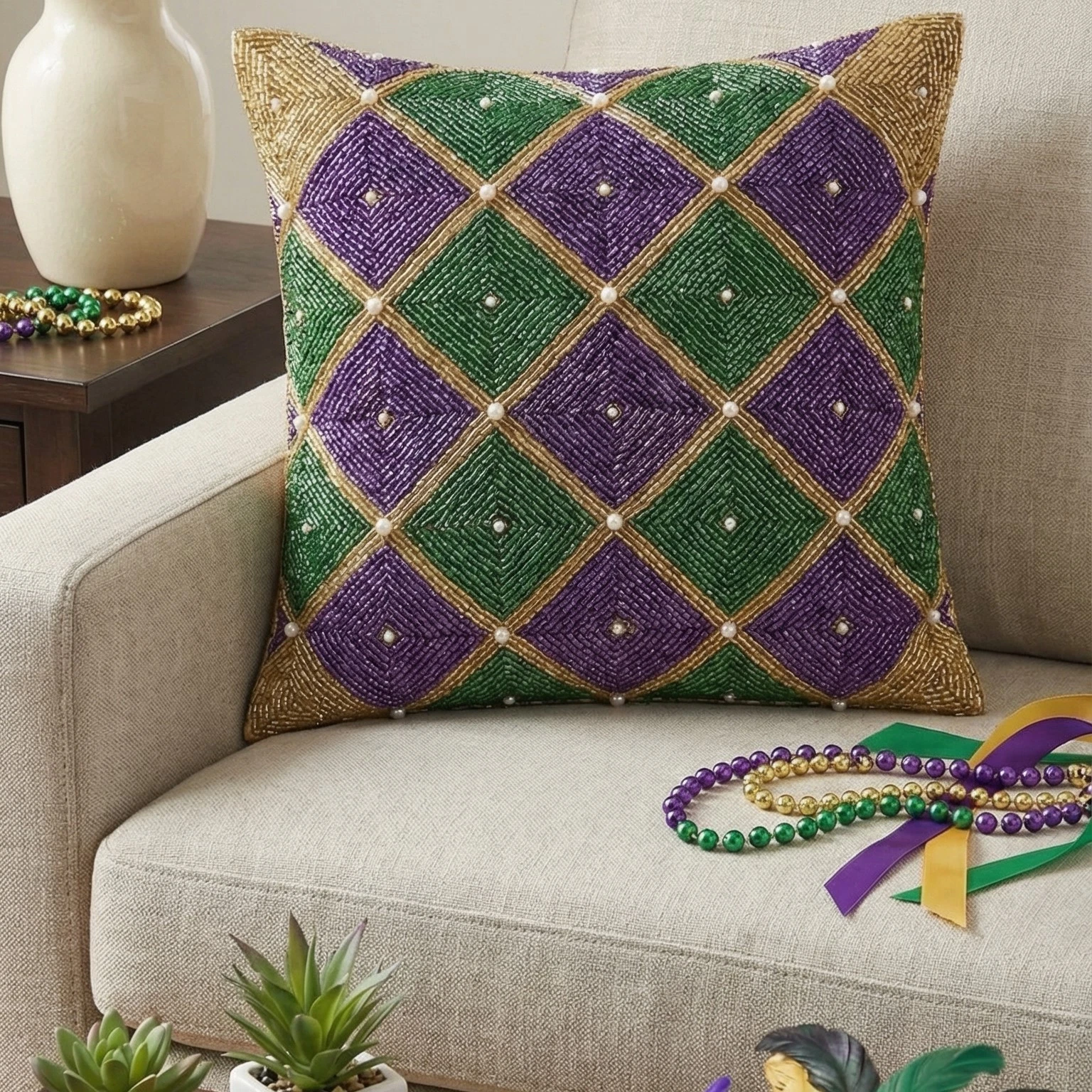 Mardi Gras Beaded Throw Pillow Cover - Harlequin Diamond Pattern - 16x16, 18x18,
Opens in a new wind